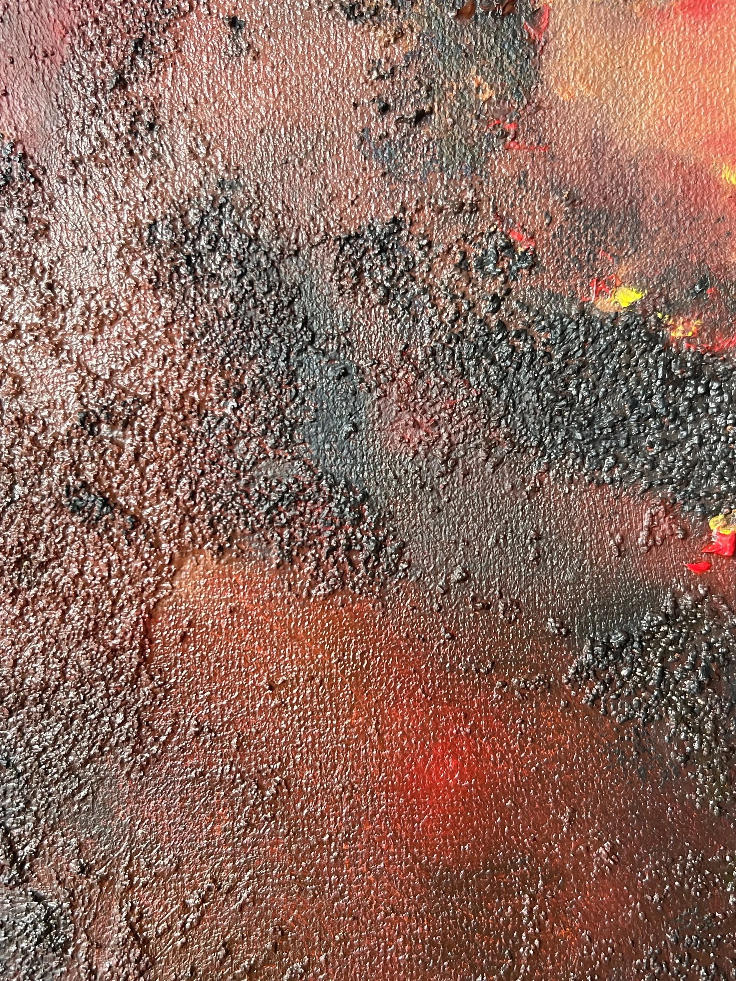 Close-up detail of Unextinguished, showing layered earthy pigments, expressive texture and a powerful passage of glowing light.
