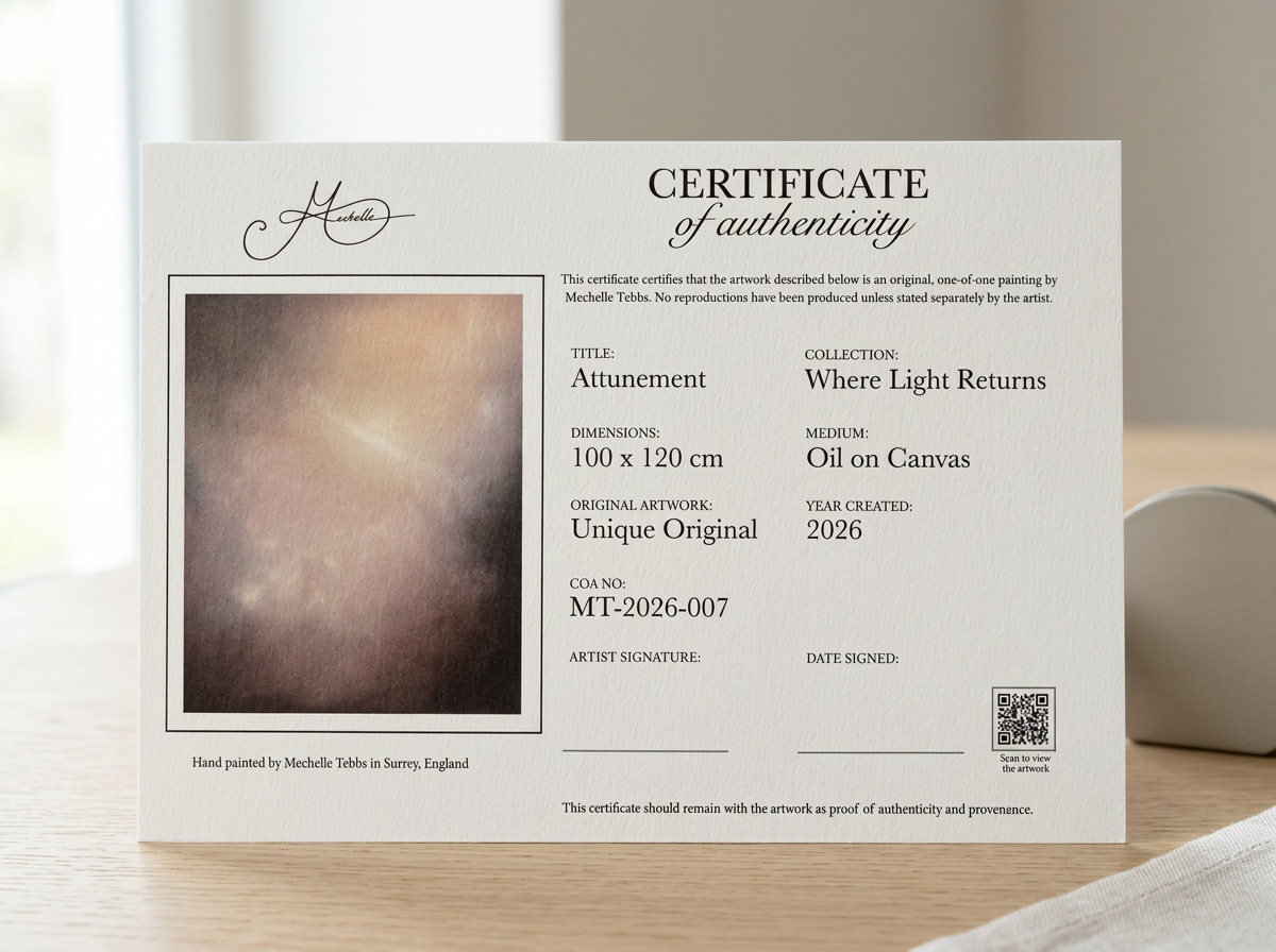 Certificate of authenticity for artwork titled "Attunement" by Mechelle Tebbs, created in 2026, measuring 100 x 120 cm, oil on canvas. The certificate includes a small, blurred image of the artwork and a QR code for viewing.
