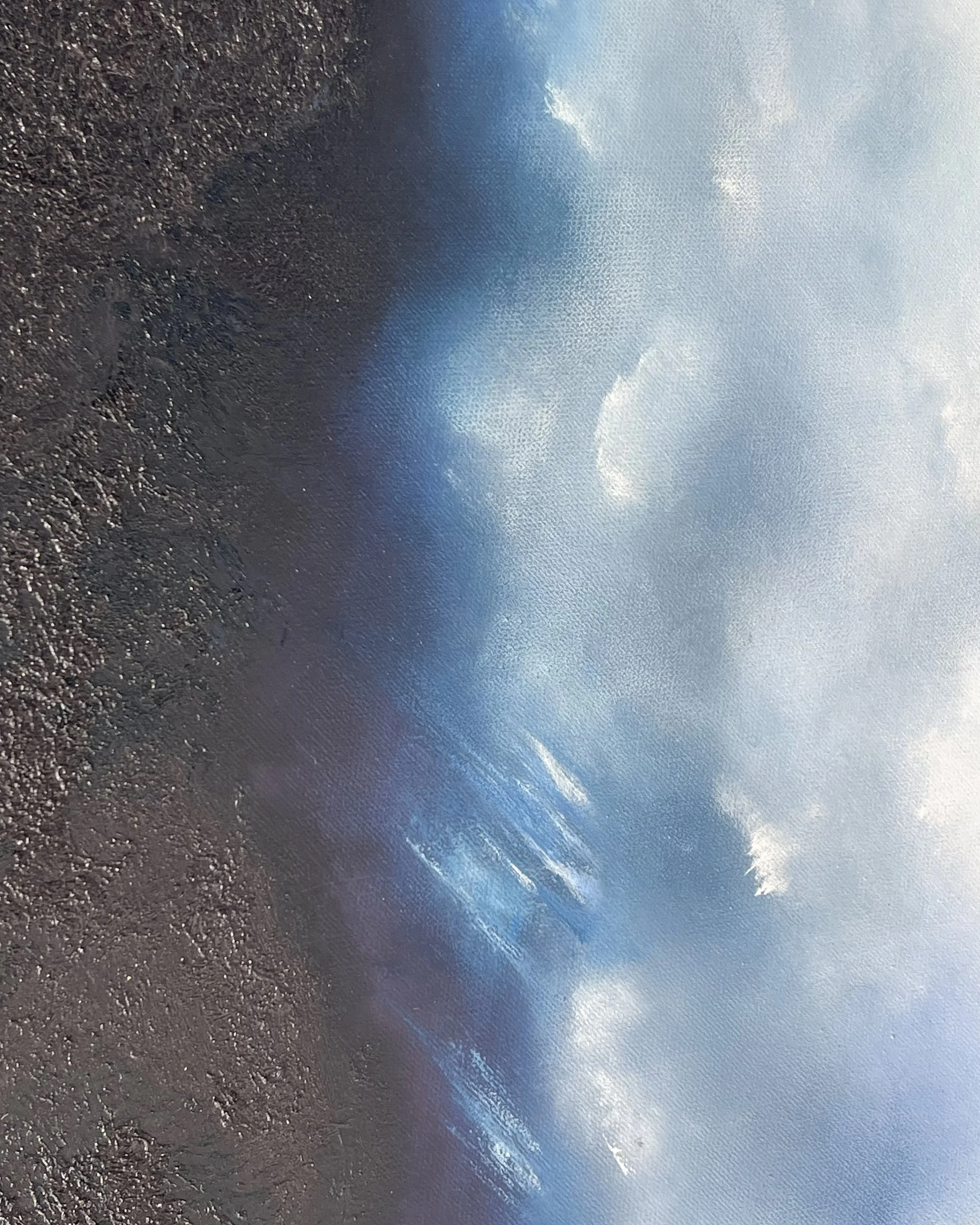 Close-up detail of The Quiet Between Storms, showing layered blue tones, textured dark forms and softly diffused light.