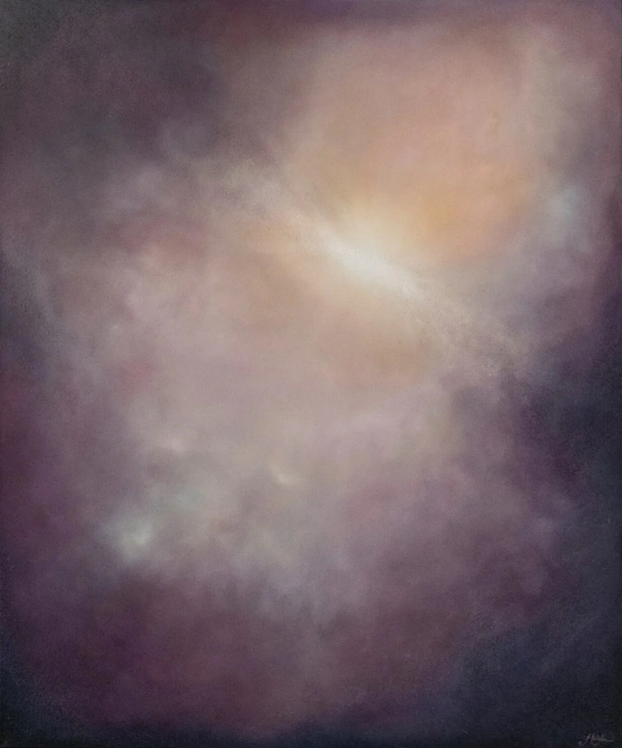 Attunement, atmospheric abstract oil painting by Mechelle Tebbs, featuring softly layered earthy pink, neutral and dark tones surrounding a gentle central light.