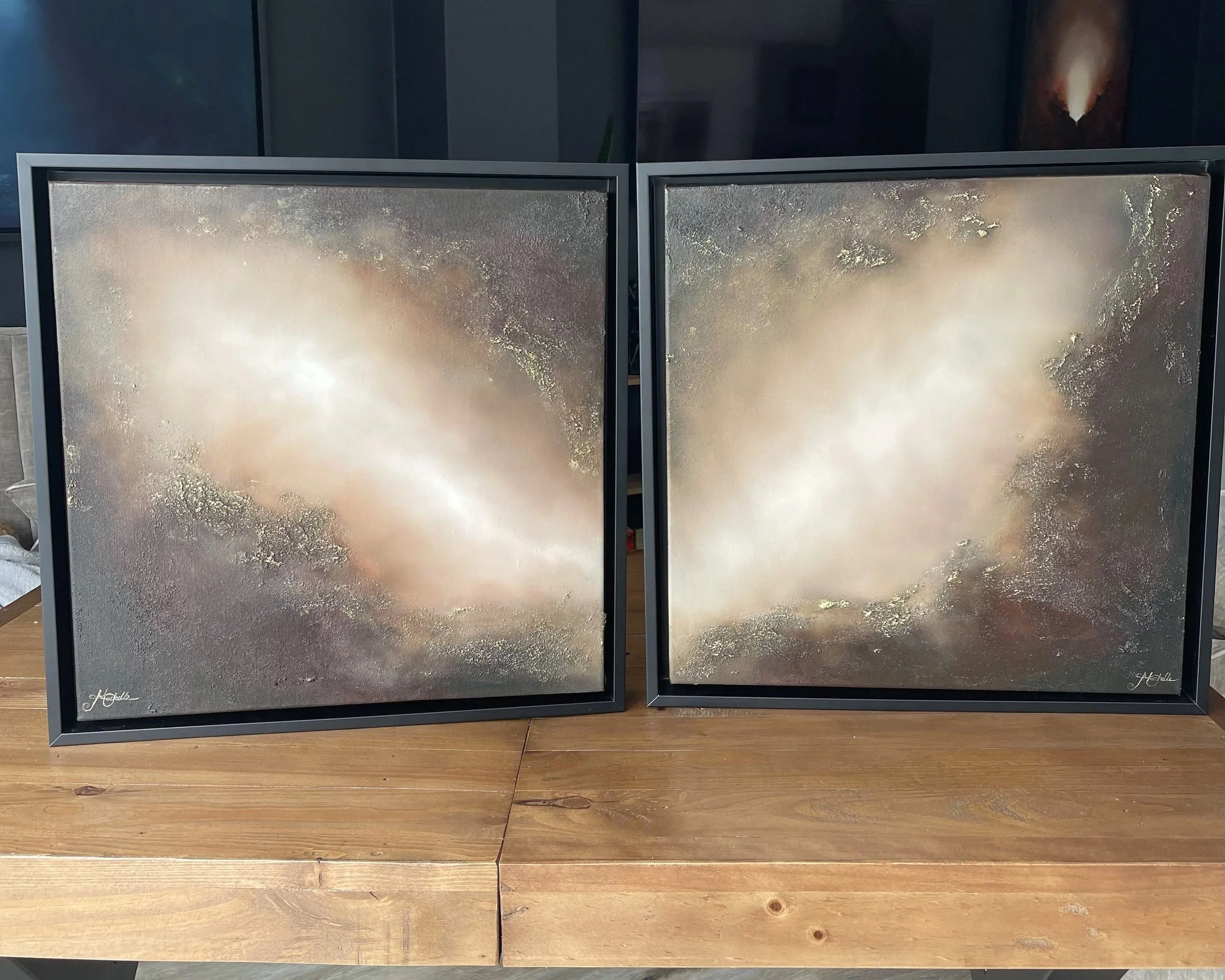 Beside Me, atmospheric abstract oil diptych by Mechelle Tebbs, comprising two softly illuminated paintings in layered cream, taupe and charcoal tones.