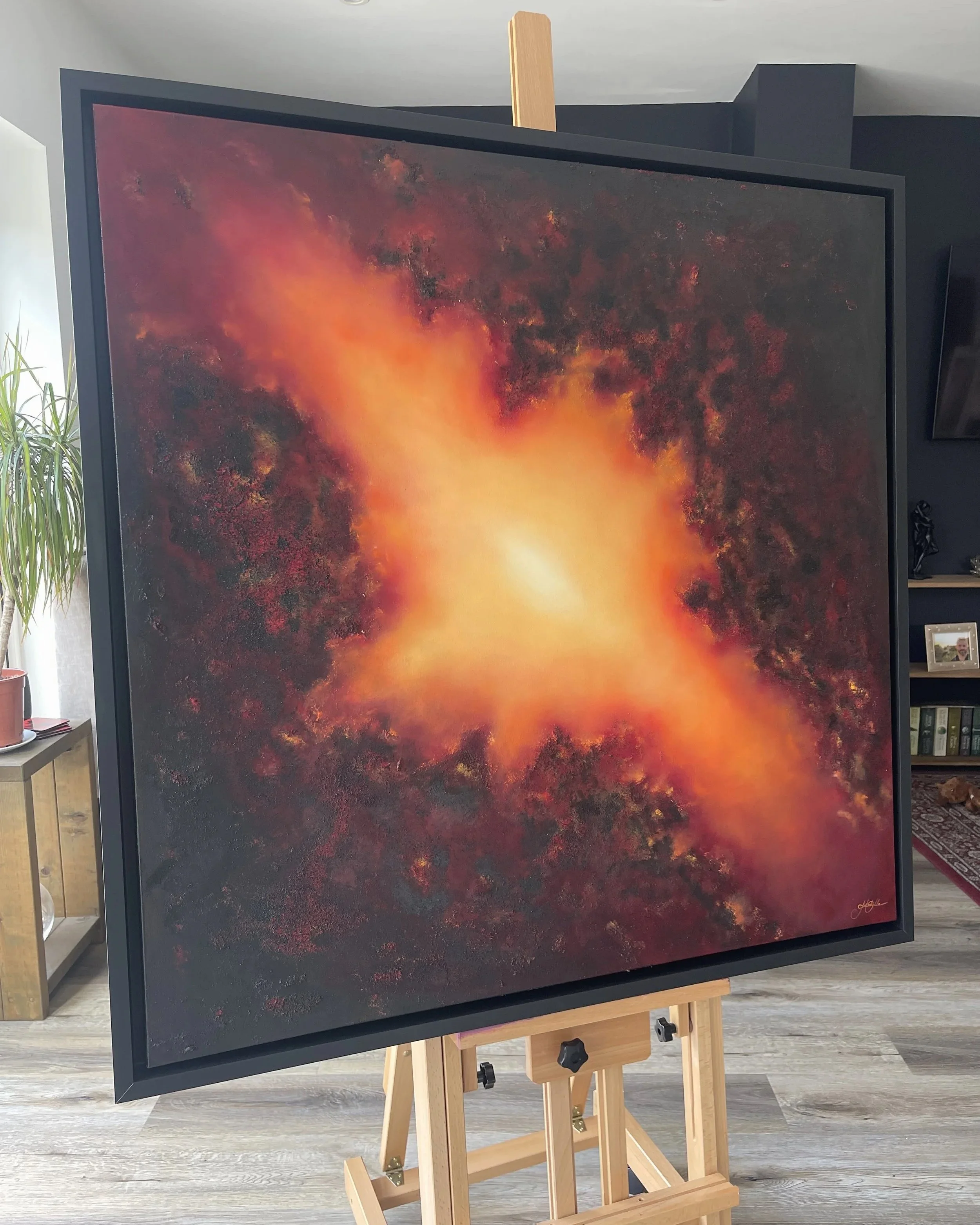 Unbound, expressive abstract oil painting by Mechelle Tebbs, featuring fiery orange and yellow light breaking through richly textured darkness.