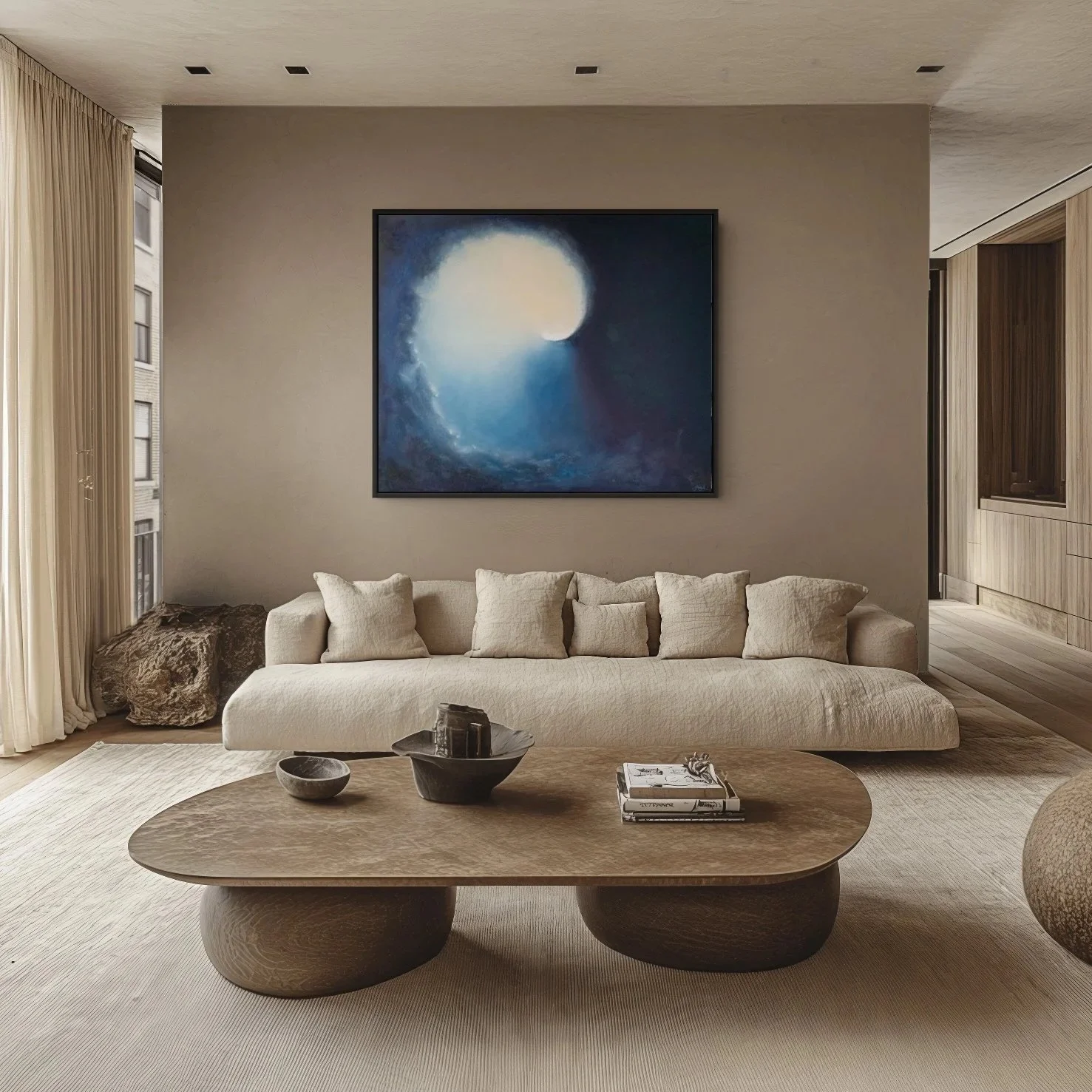 Emergence by Mechelle Tebbs displayed in a contemporary interior with deep-blue furnishings.