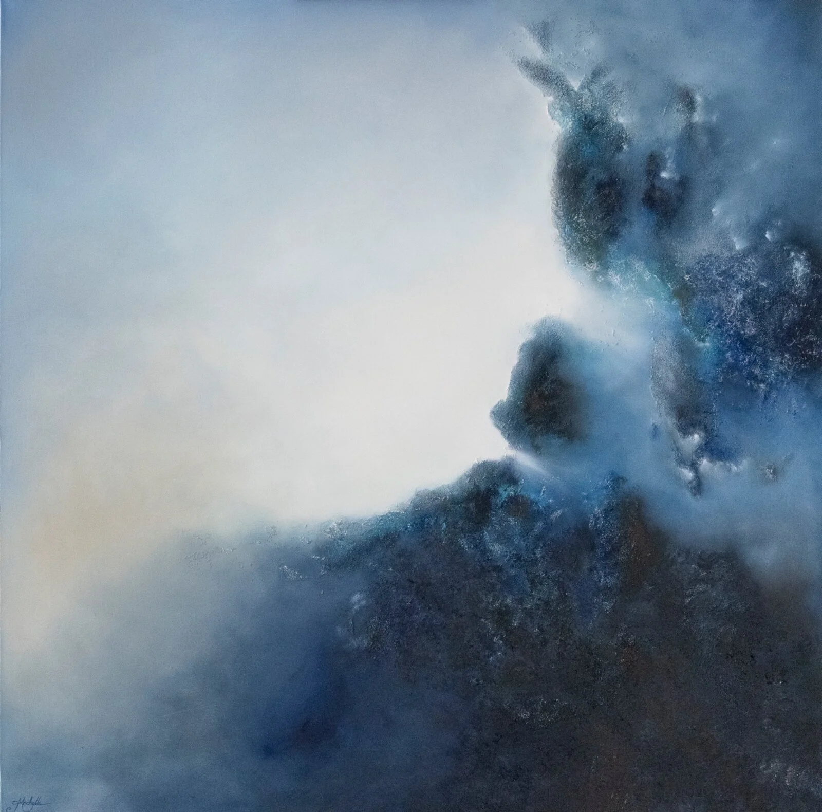 Sanctuary, atmospheric abstract oil painting by Mechelle Tebbs, featuring sweeping blue forms rising through a softly illuminated background.