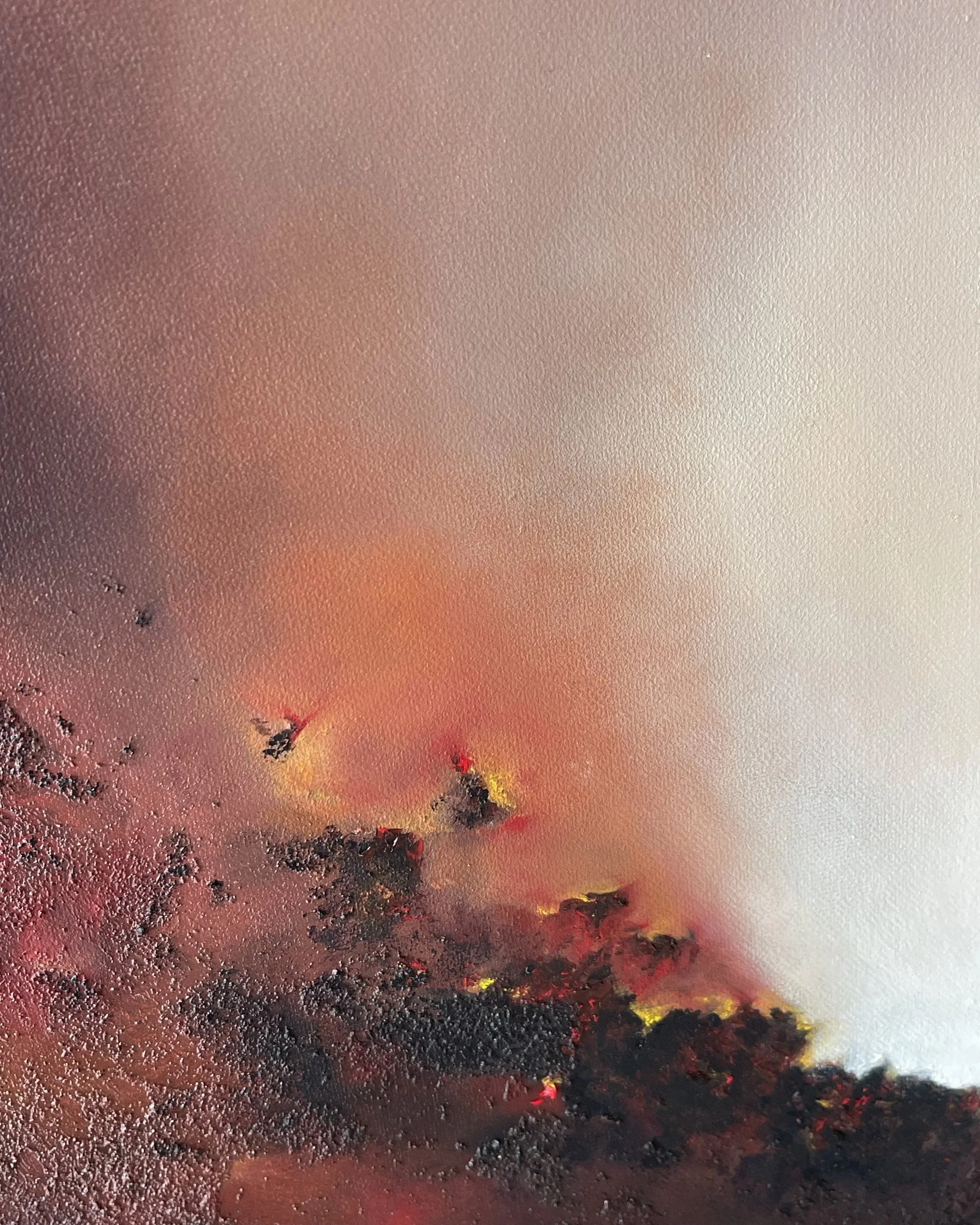 Close-up detail of Unextinguished, showing layered earthy pigments, expressive texture and a powerful passage of glowing light.
