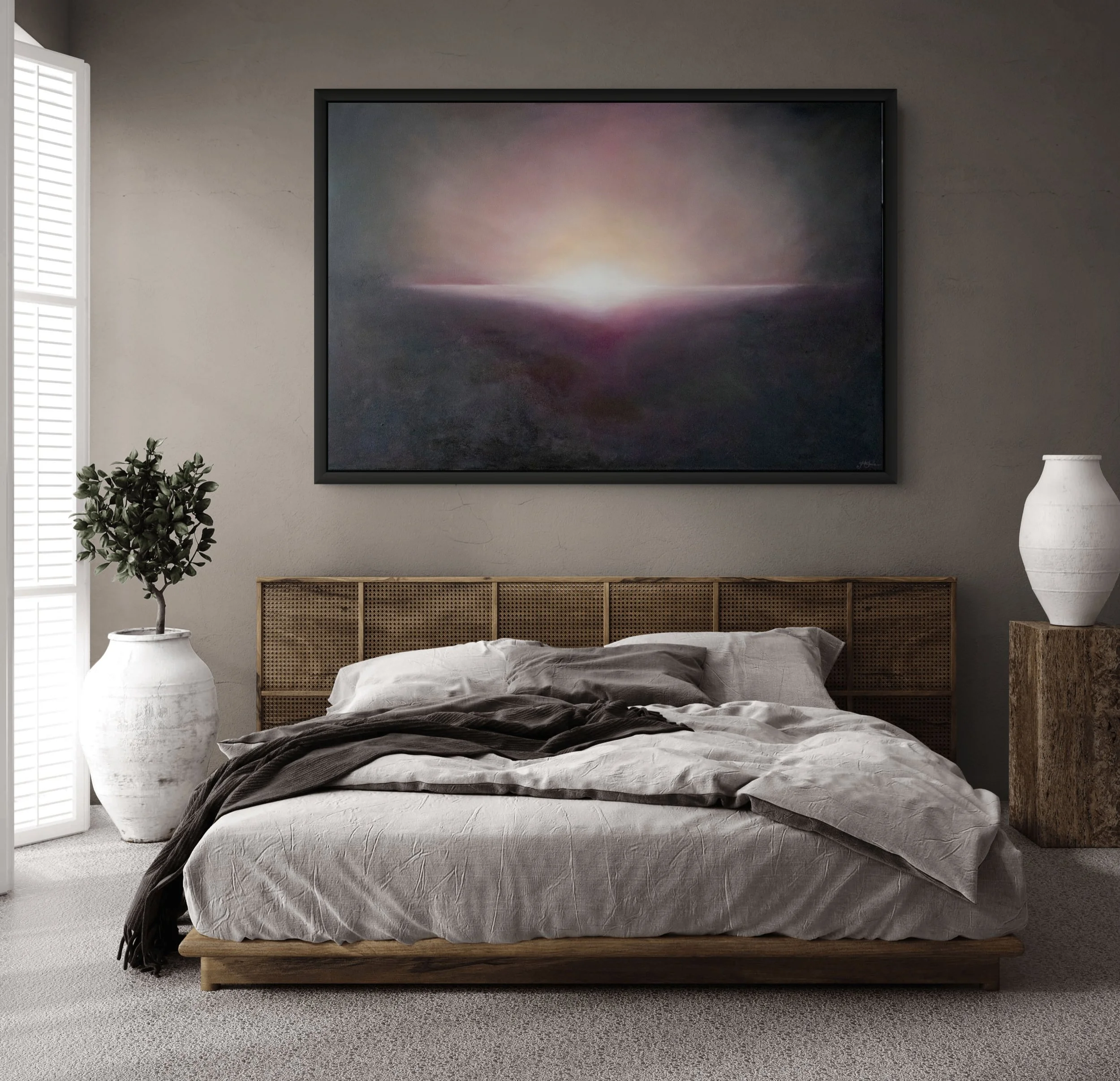 Coming Home by Mechelle Tebbs displayed above a pale sofa in an elegant contemporary interior.