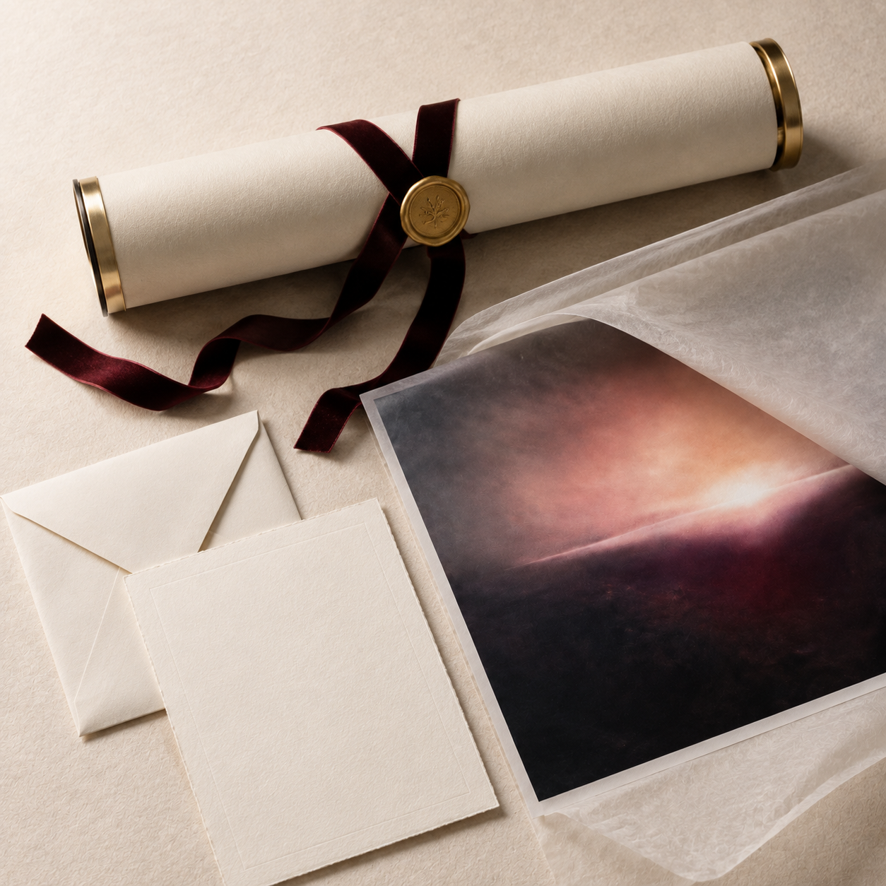 A rolled scroll tied with a burgundy ribbon, sealed with a gold wax seal, next to blank white cards and a photographic print of a sunset with a mountain silhouette.
