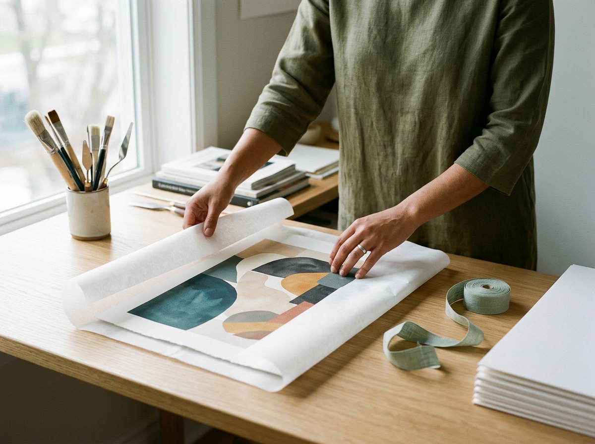 Person handling a framed abstract artwork on a wooden table, with art supplies and books nearby.