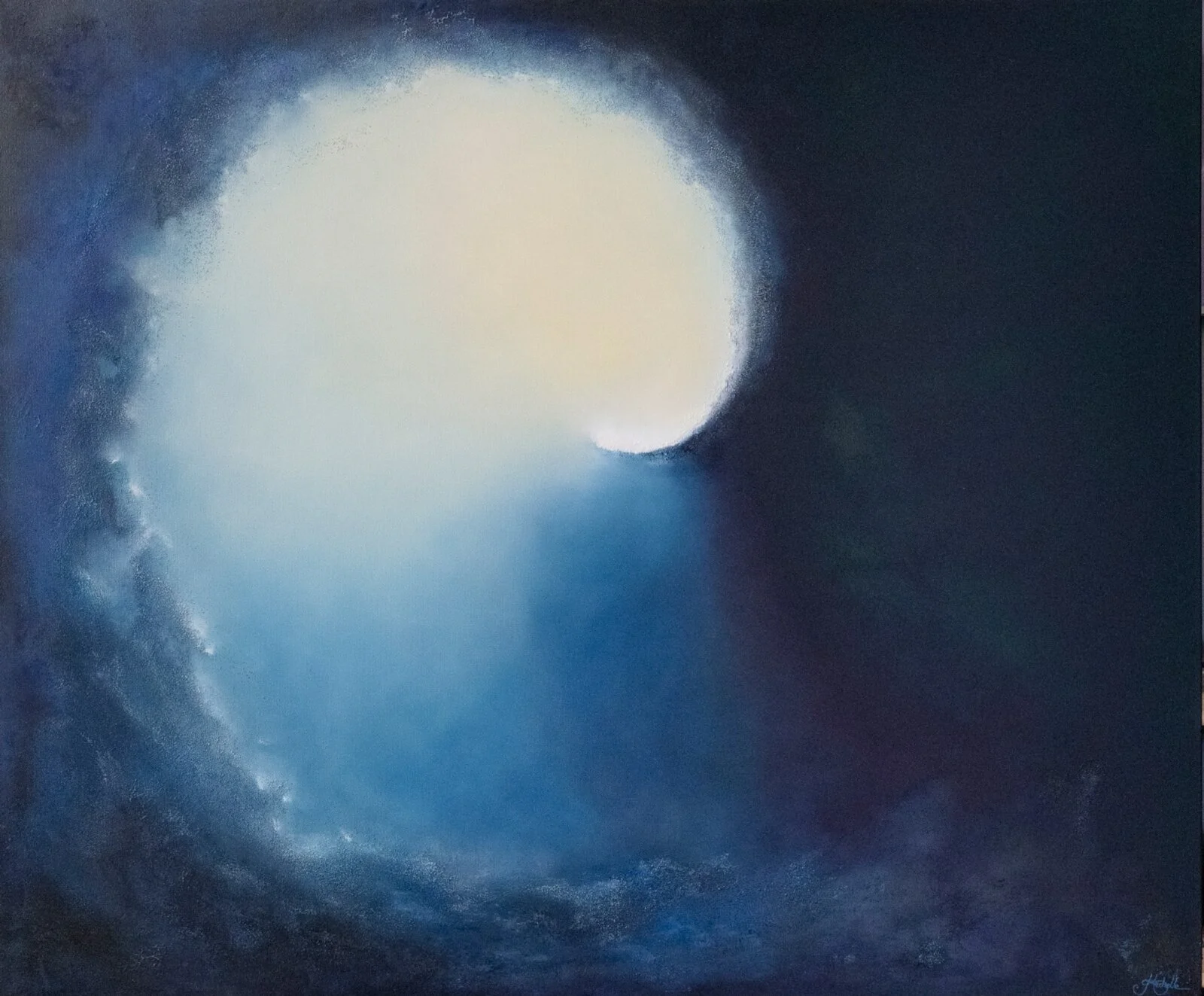 Emergence, atmospheric abstract oil painting by Mechelle Tebbs, featuring a luminous circular light appearing above powerful deep-blue forms.