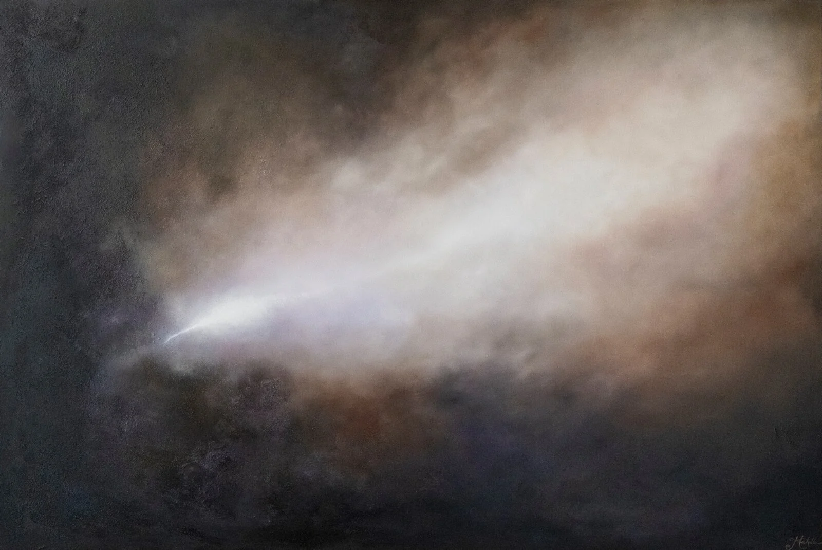 Awakening, abstract oil painting by Mechelle Tebbs, with luminous light emerging through atmospheric dark clouds.