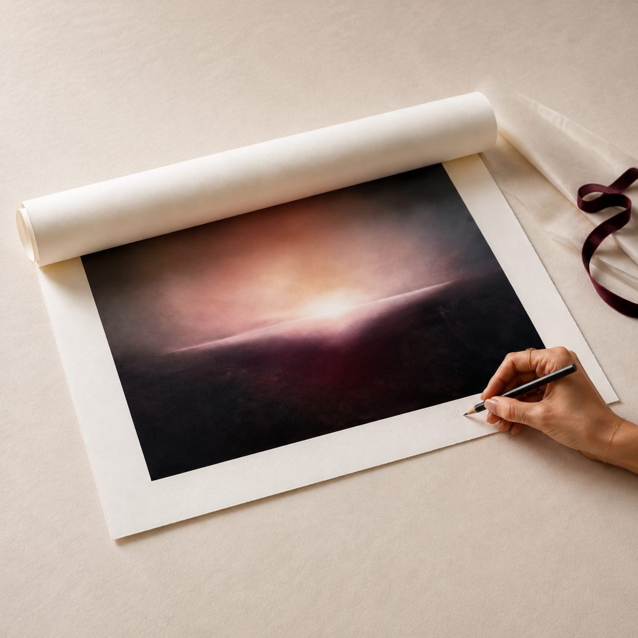 A person drawing or signing a large print of a sunset landscape on textured paper, with a rolled-up print and ribbon on a neutral surface.