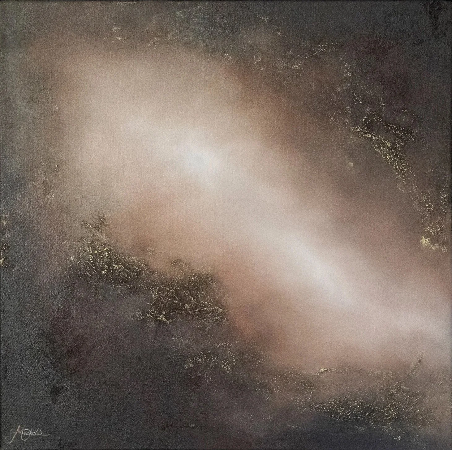 Beside Me, Abstract oil painting by Mechelle Tebbs, featuring soft, swirling beige, brown, and black tones with textured gold accents.