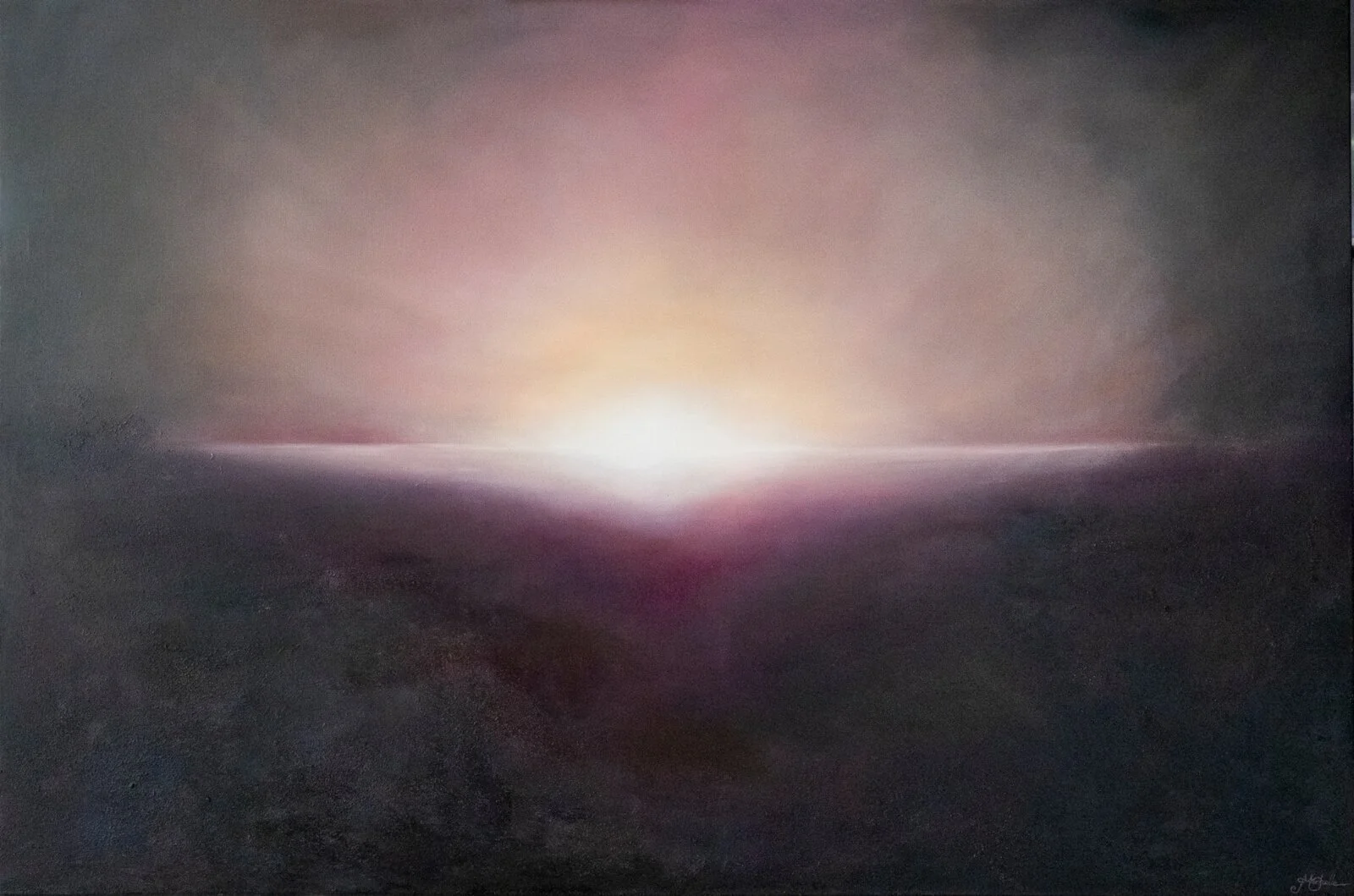 Coming Home, atmospheric abstract oil painting by Mechelle Tebbs, featuring a glowing horizon surrounded by soft plum, pink and charcoal tones.