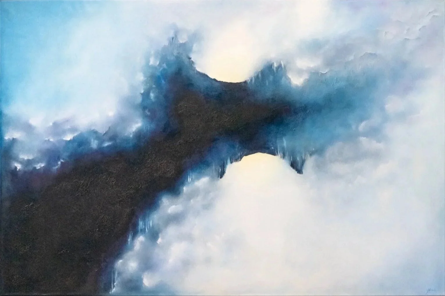 The Quiet Between Storms, abstract oil painting by Mechelle Tebbs, featuring deep blue cloud-like forms surrounding a passage of soft light.