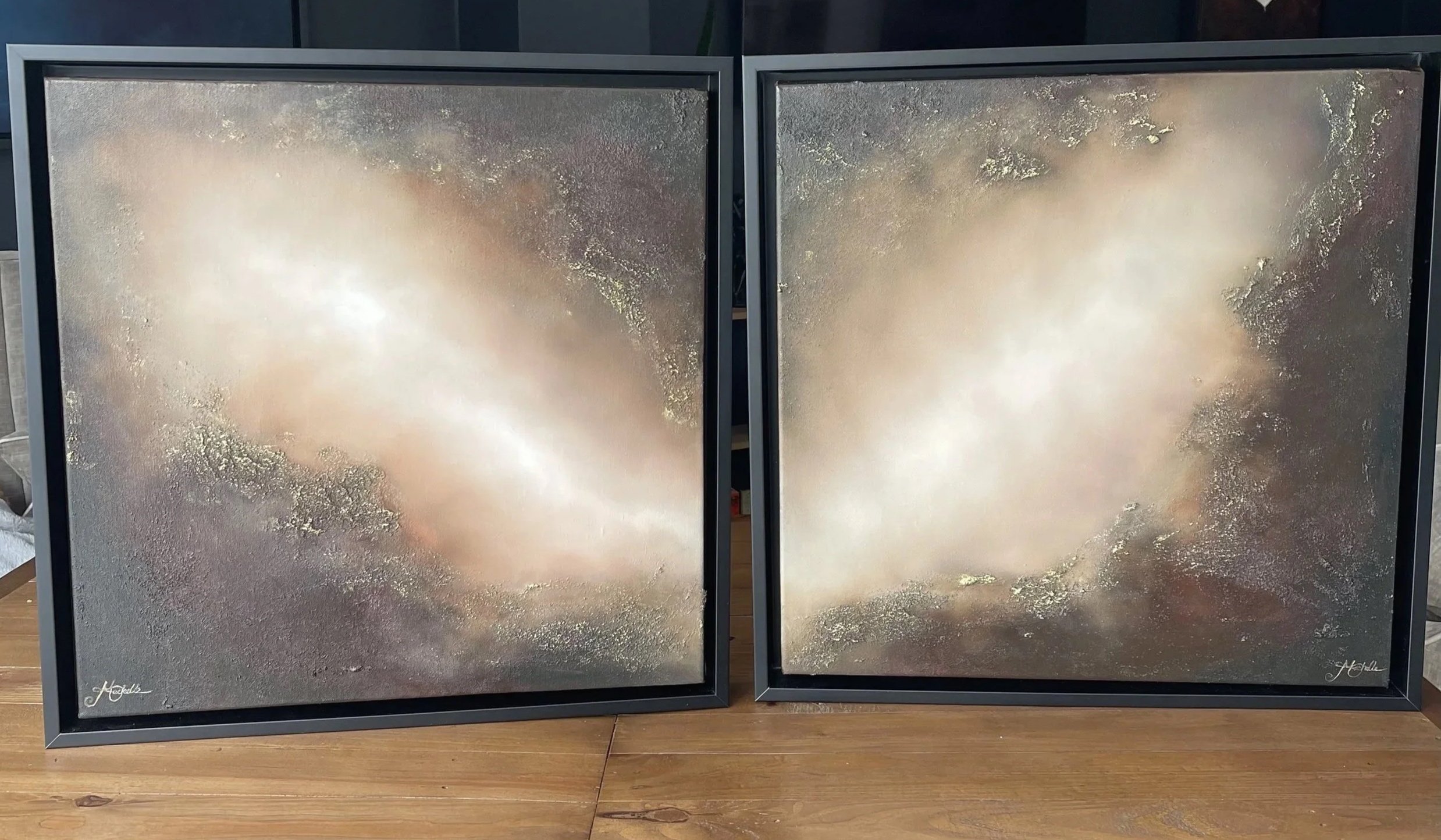 Beside Me, atmospheric abstract oil diptych by Mechelle Tebbs, comprising two softly illuminated paintings in layered cream, taupe and charcoal tones.