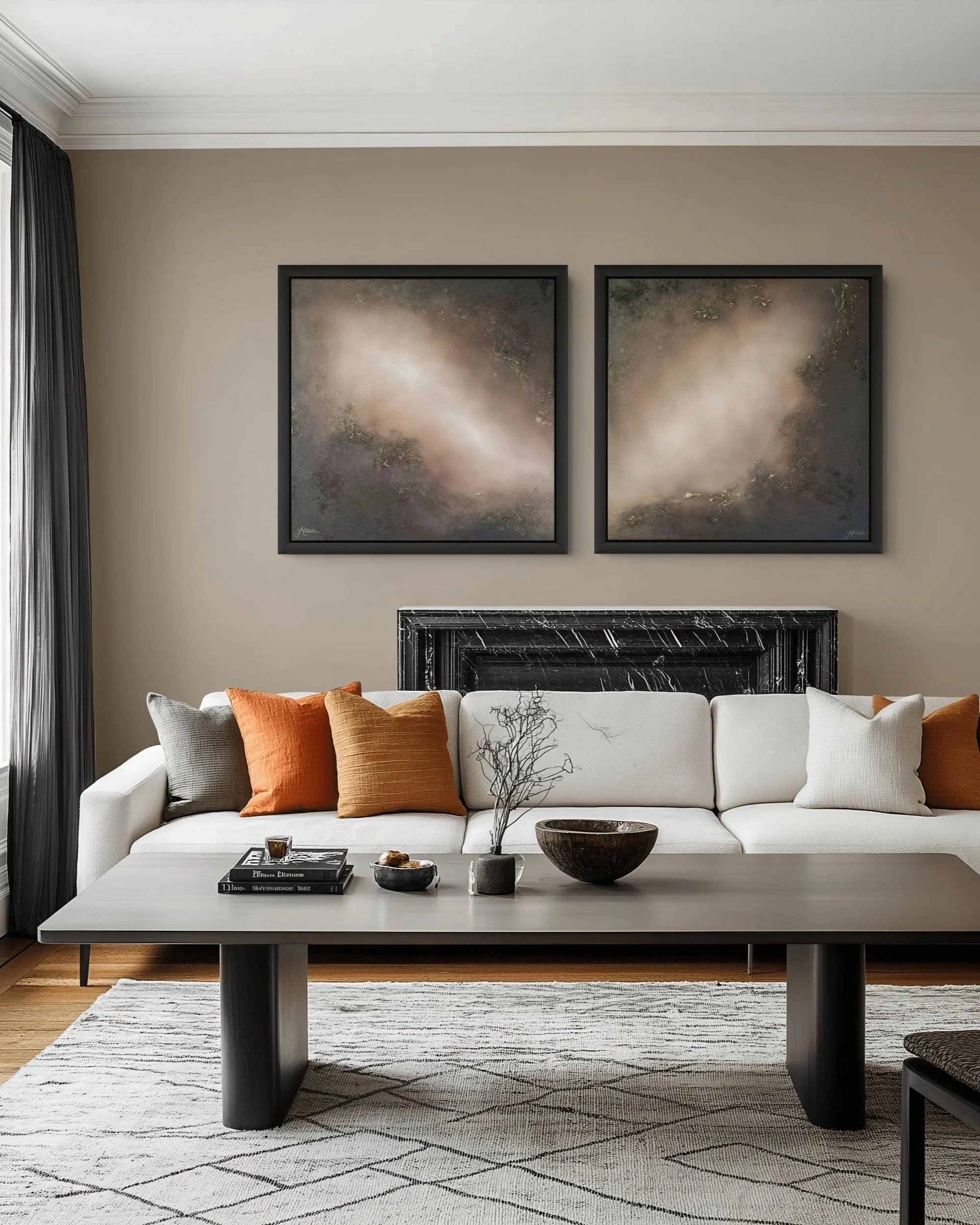 Beside Me by Mechelle Tebbs displayed as a two-piece artwork above a cabinet in a contemporary interior.