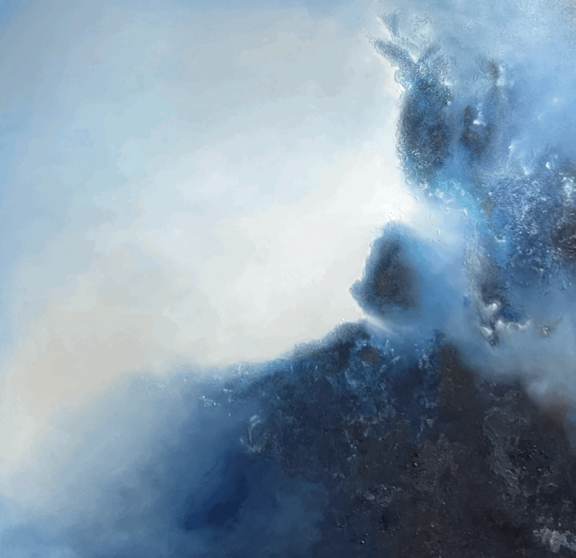 Sanctuary, atmospheric abstract oil painting by Mechelle Tebbs, featuring sweeping blue forms rising through a softly illuminated background.