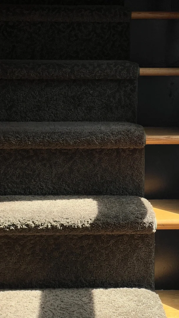 Close-up of dark carpeted stairs with sunlight casting shadows on the steps, and a wooden staircase railing on the right side.