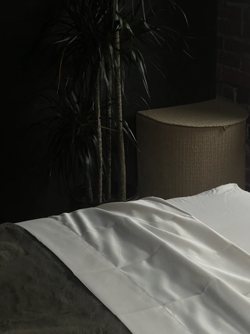 A bedroom with a bed covered in white satin sheets, a tall indoor plant with long leaves, and a beige upholstered chair against a dark wall and a brick wall.