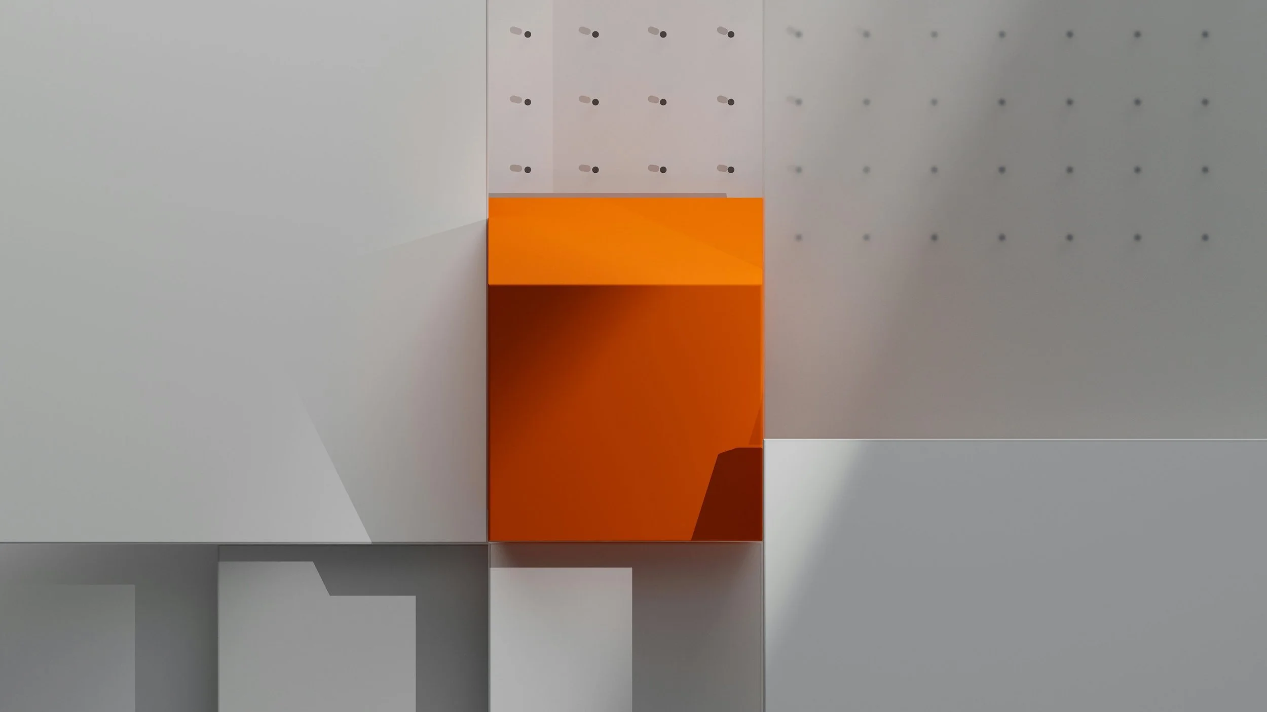 Abstract geometrisch ontwerp met een wit en grijs achtergrond, een oranje vierkant en diverse stippen en lijnen.