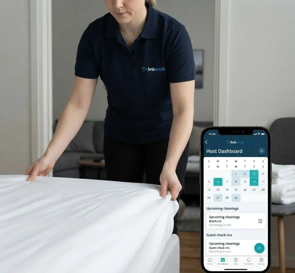 Person som legger på et underlag på en seng, med en mobil med romstyringsapp på skjermen i forgrunnen.
