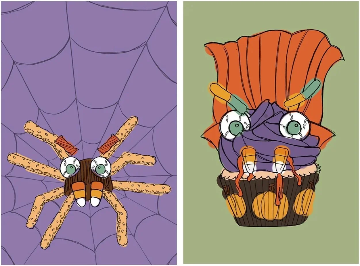 A cartoon of a spider with a body made of cookies and eyes, sitting on a purple web on the left, and a cartoon of a cupcake with a spider made of icing and eyes on top of a Halloween-themed cake on the right.