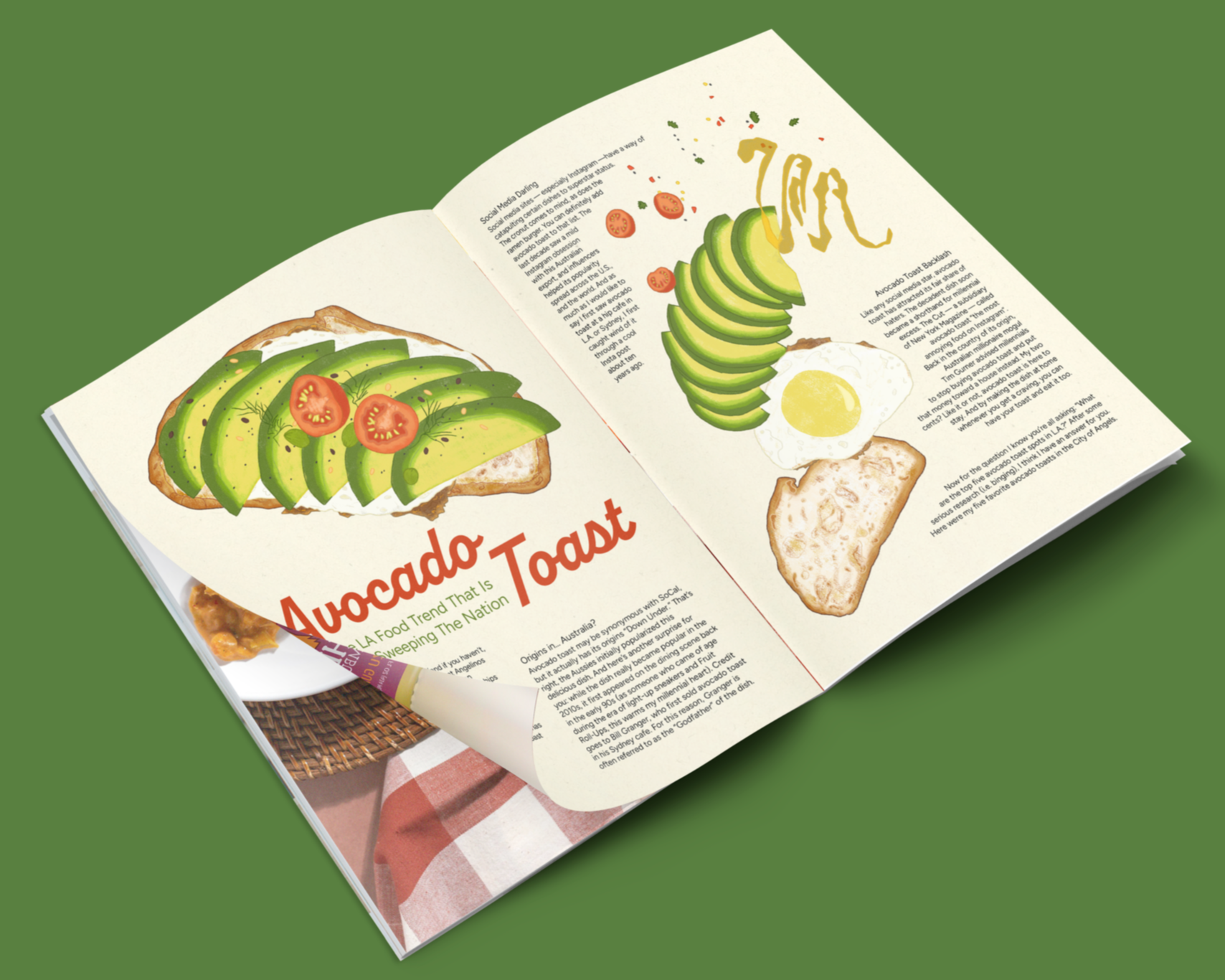 Open magazine with illustrations of avocado toast and avocado toast with fried egg on green background.