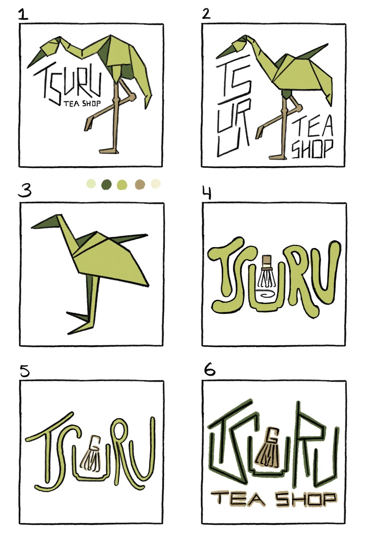 Color palette with shades of green and tan, images of origami cranes, and various logo designs for "TSURU Tea Shop" featuring origami crane illustrations and handwritten-style text.