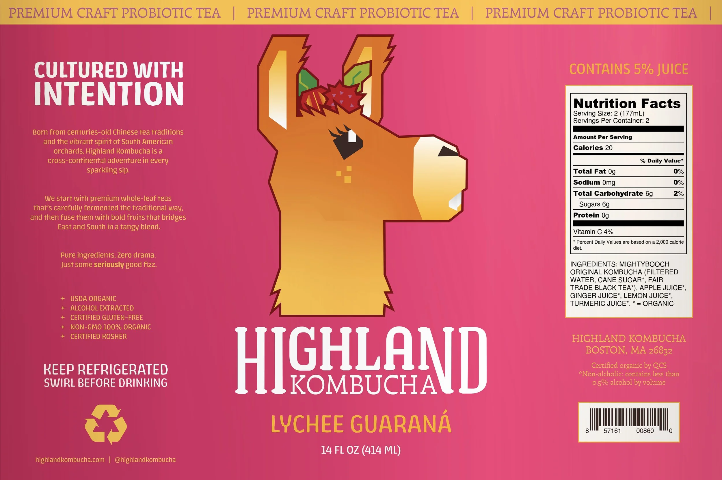 Bright pink and yellow label for Highland Highland Lychee Guarana Kombucha with a stylized drawing of a llama with lychee and guarana fruit.