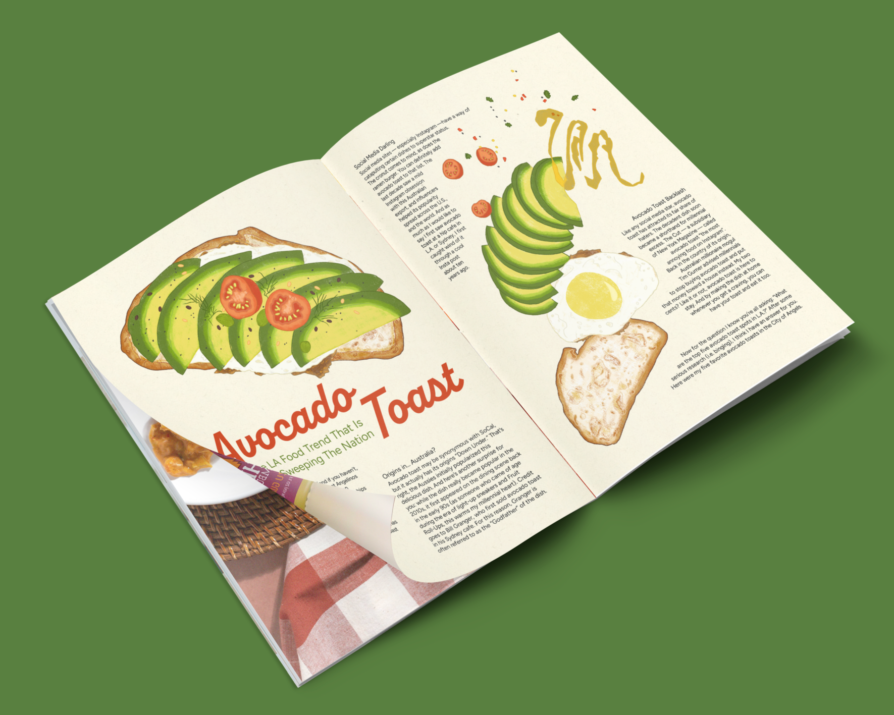 An open magazine featuring an illustration of avocado toast with cherry tomatoes and a fried egg on whole grain bread, against a green background.