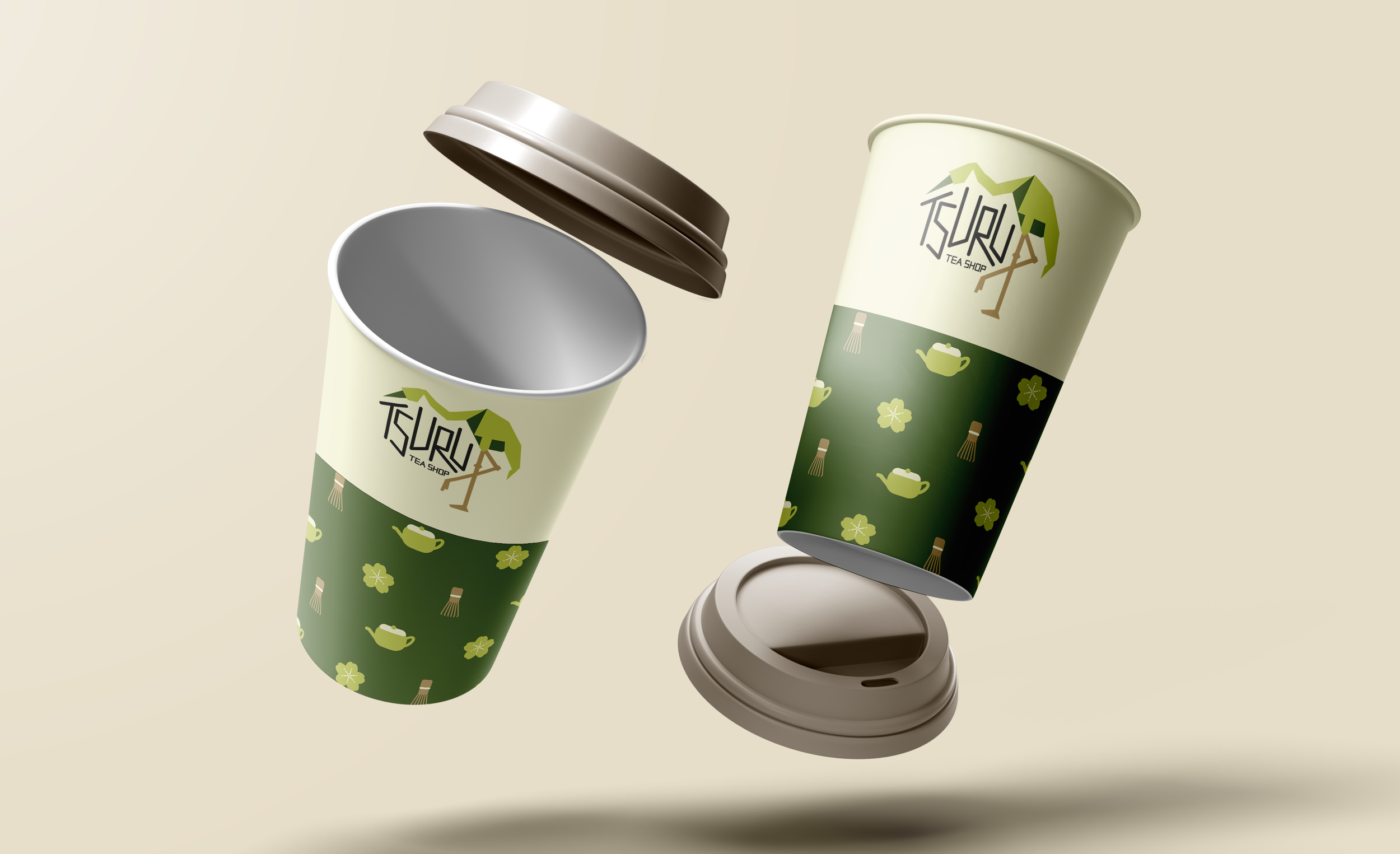 Three paper cups with lid inserts, labeled "Tsuru Tea Shop," showing tea-related icons like teapots and leaves, against a neutral background.