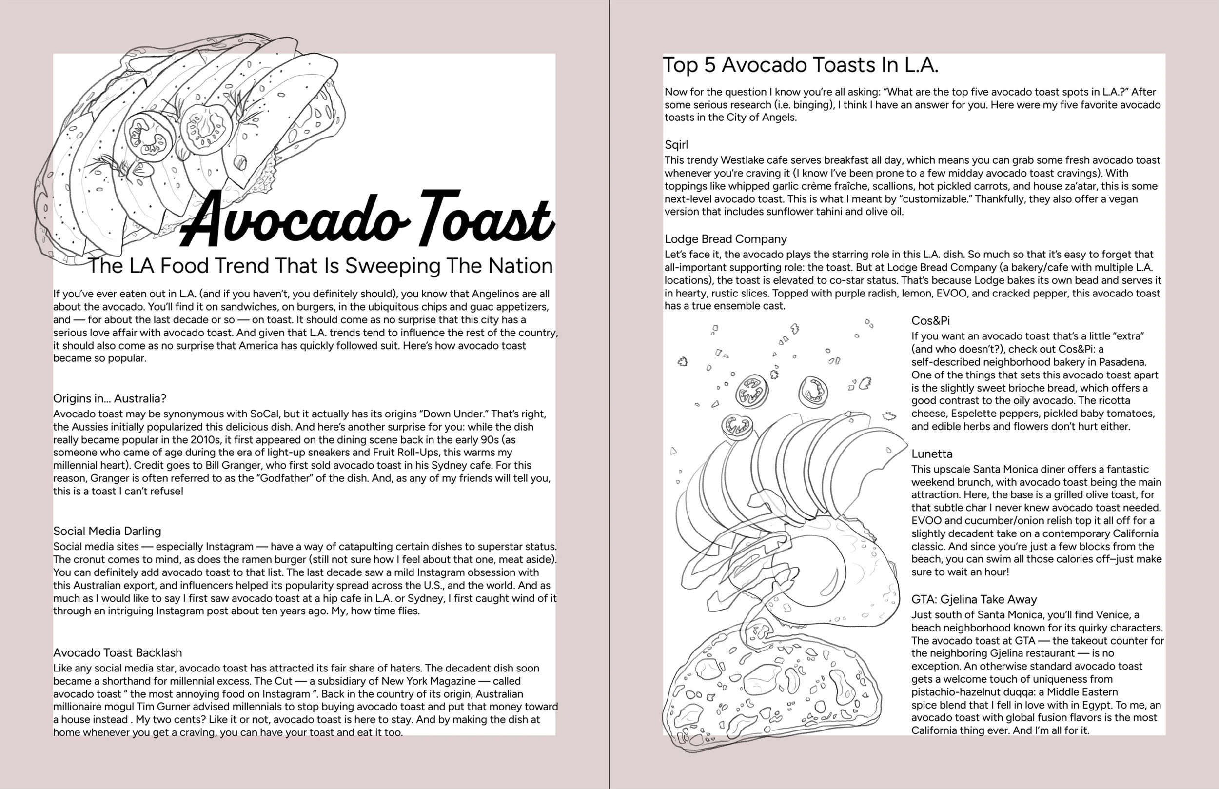 A two-page article about avocado toast with a line drawing of a toasted sandwich topped with avocado slices, chives, and cherry tomatoes.