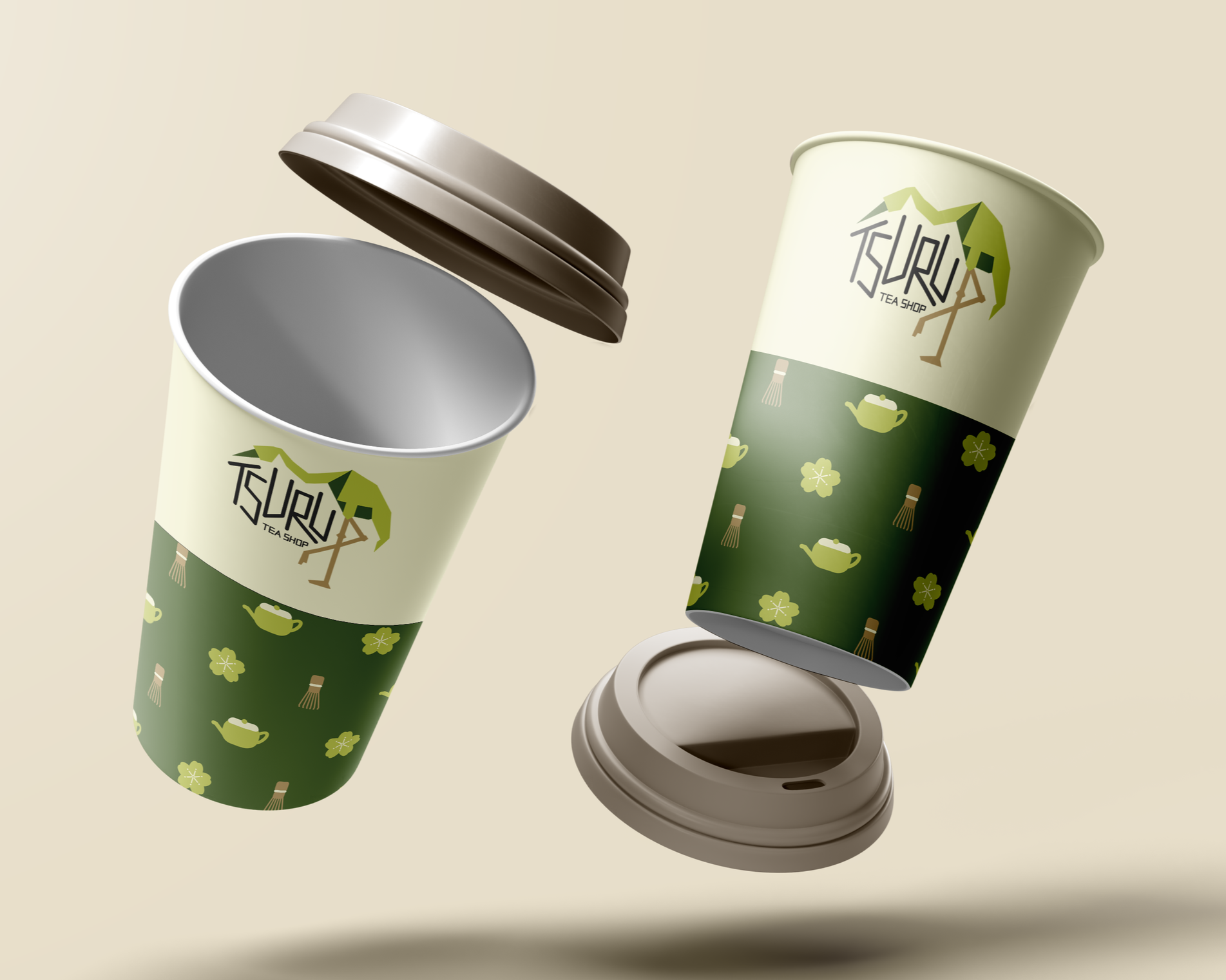 Three disposable tea cups with a Tsuru Tea Shop logo of an origami crane, two open with lids off and one on a paper sleeve, against a light background.