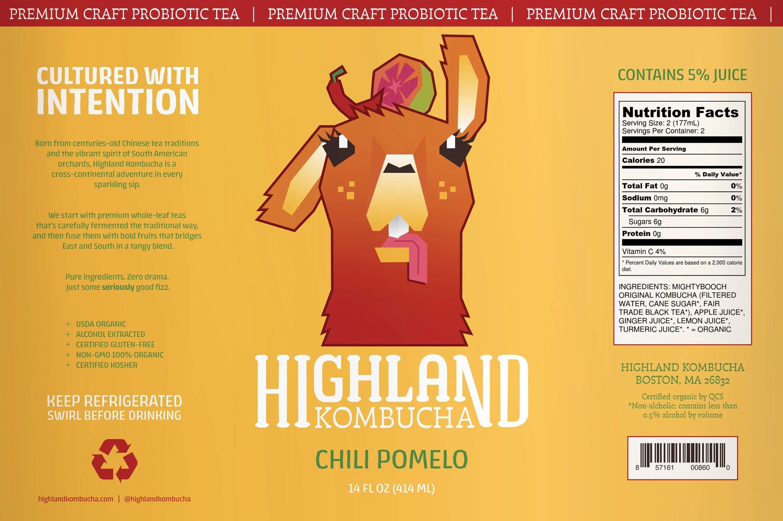Label for Highland Kombucha, highlighting ingredients, flavor, and brand details, with a cartoon illustration of a llama with orange fur, a pink tongue, and a purple nose.