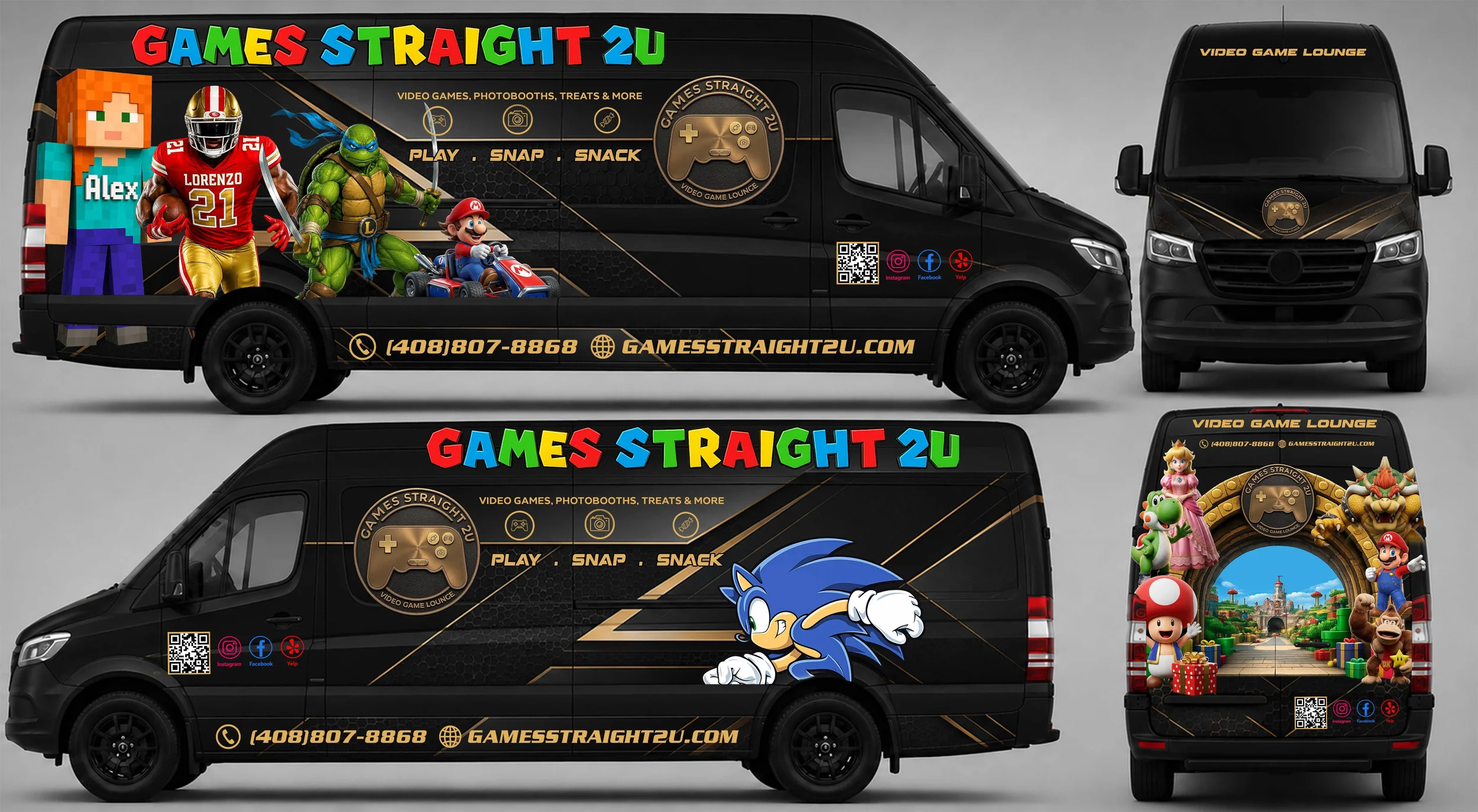 A black delivery van with colorful graphics promoting a video game lounge called Games Straight 2U. The van features characters from popular video games such as Minecraft, Teenage Mutant Ninja Turtles, Mario Kart, Sonic the Hedgehog, Yoshi, Toad, and Bowser, along with icons for play, snap, and snack services. The van includes contact information, social media icons, and a website URL.