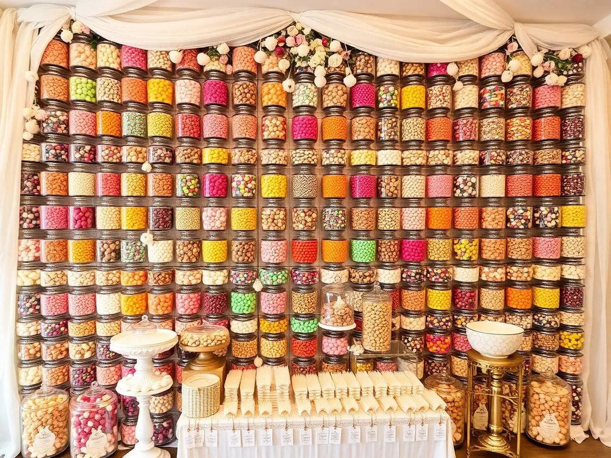 Wall decorated with numerous glass jars filled with colorful candies, arranged in a grid pattern, with white drapes and floral accents at the top, and various containers and displays of candies and treats at the bottom.