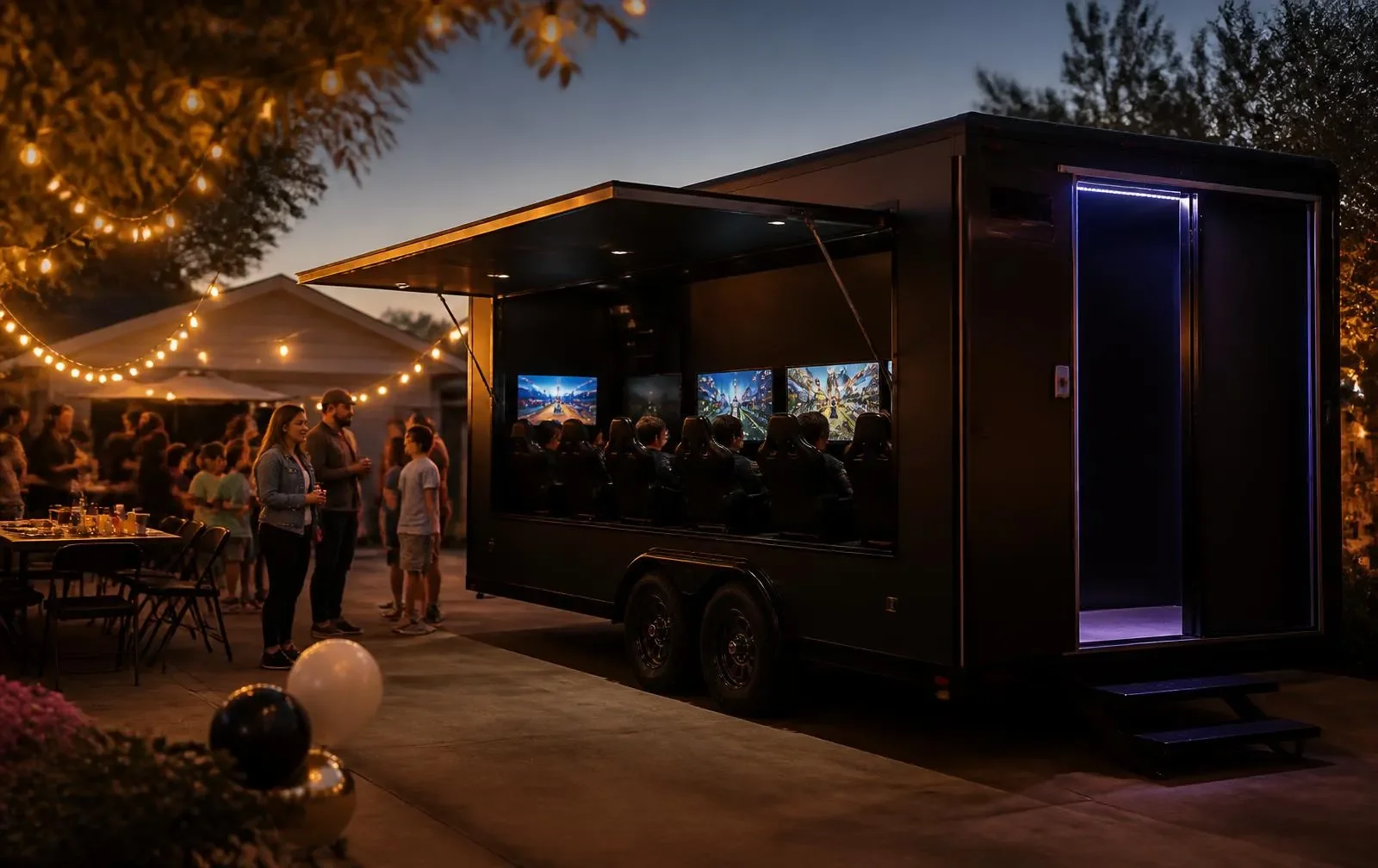 People gathered outdoors at night around a black mobile gaming trailer with multiple screens and a sliding door, illuminated by string lights and ambient lighting.