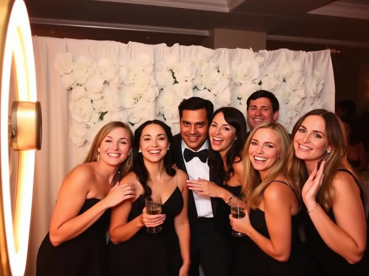 Group of six friends at a party, smiling and holding drinks, with a white floral backdrop.
