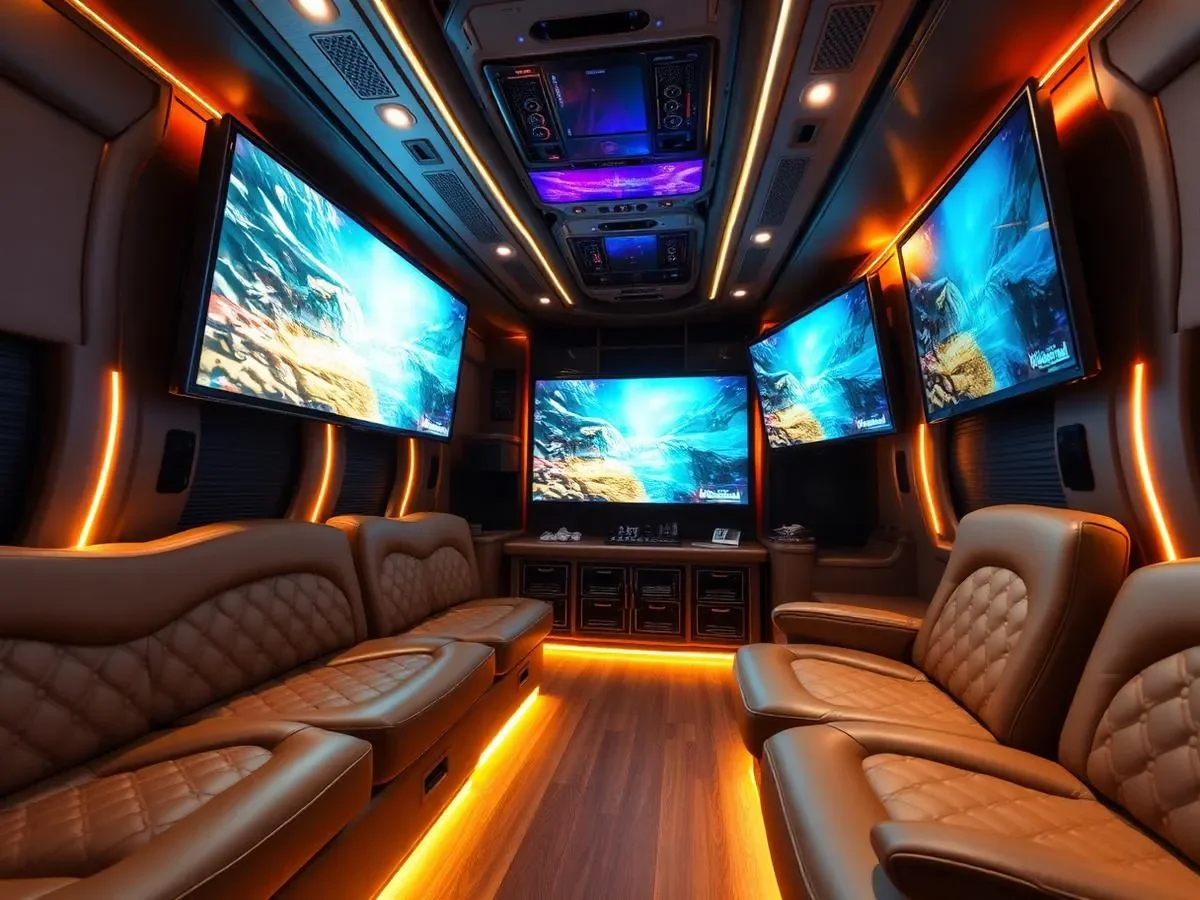 Luxury entertainment room with four large screens, leather seating, and ambient lighting.