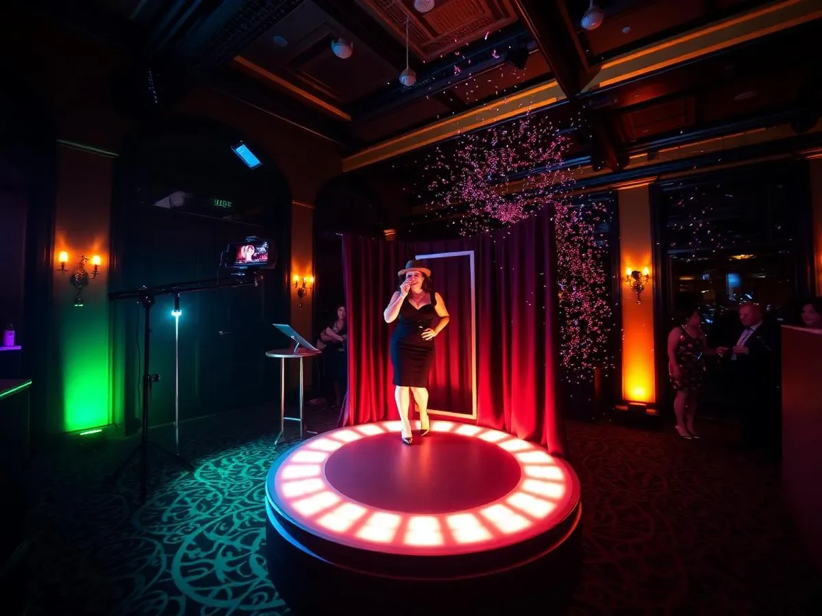 A woman in a black dress and hat performing on a small circular stage with red curtains in a dimly lit, decorated room with multicolored lighting and a small audience.
