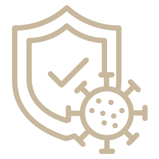Shield symbol with a checkmark and a virus icon indicating protection against illness or disease
