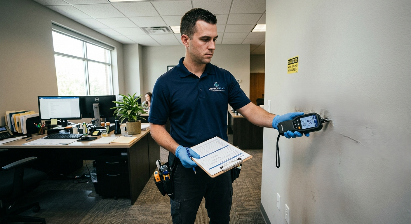 A technician in a blue uniform and gloves uses a thermal camera to inspect a wall in an office, with a desk and computer setup in the background.