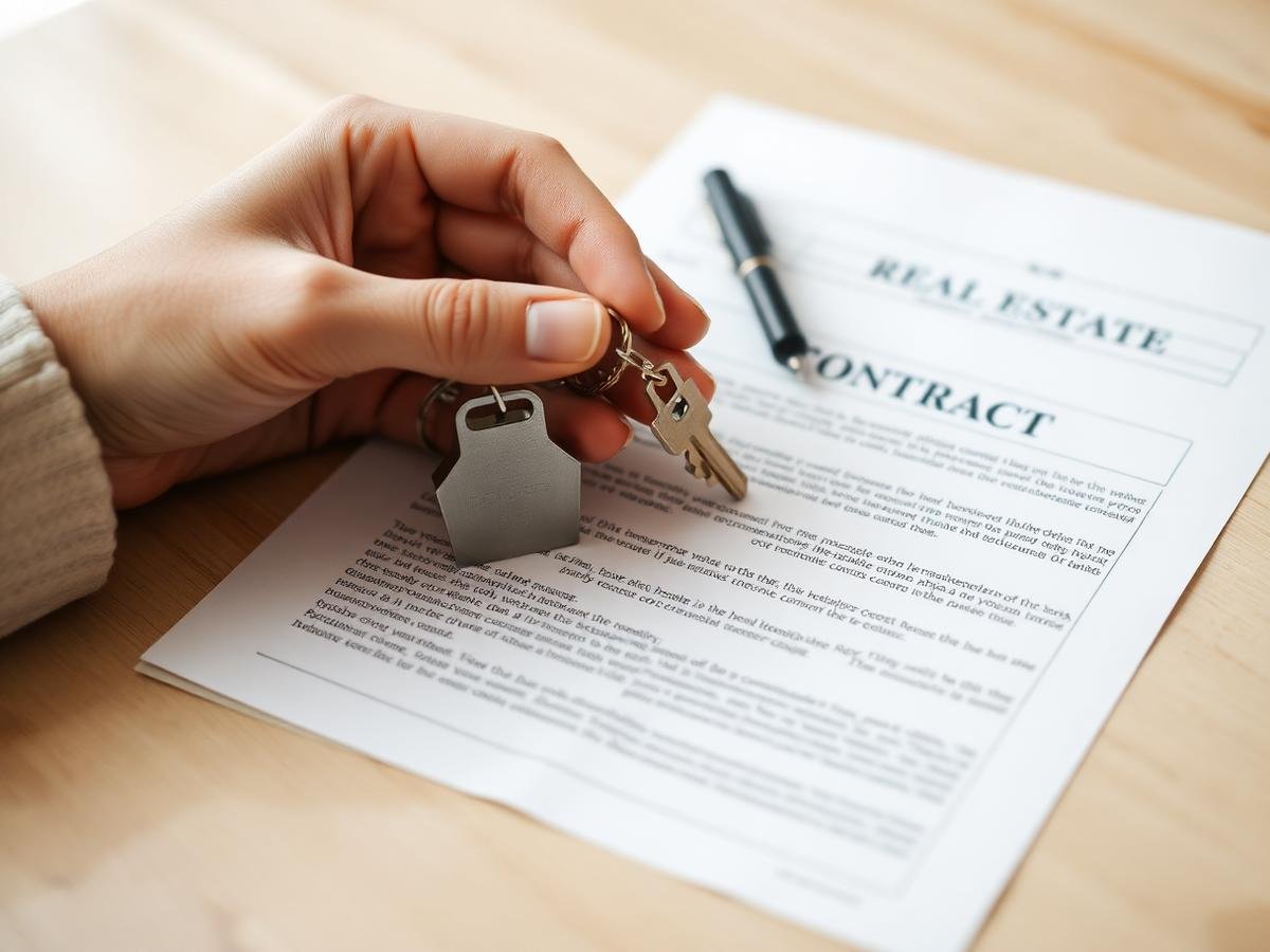 Hand holding a key and a keychain with house and key tags over a real estate contract on a wooden table.