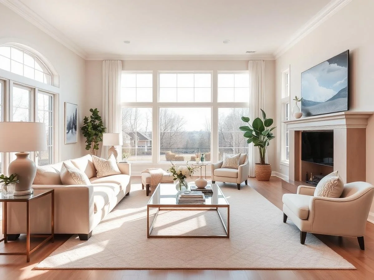 Bright living room with large windows, white furniture, a glass coffee table, potted plants, and a mounted TV above the fireplace.