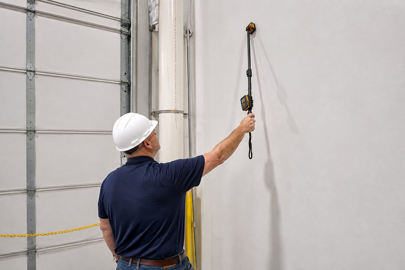 Michael Herbst, principle consultant  in a white safety helmet uses a digital device to measure the moisture of a wall, during a mold assessment in an industrial or warehouse setting.
