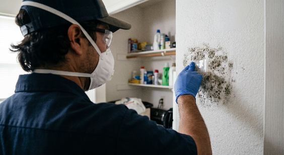 A person wearing a mask, gloves, and glasses cleaning a wall with a spray bottle, with mold or dirt on the wall.