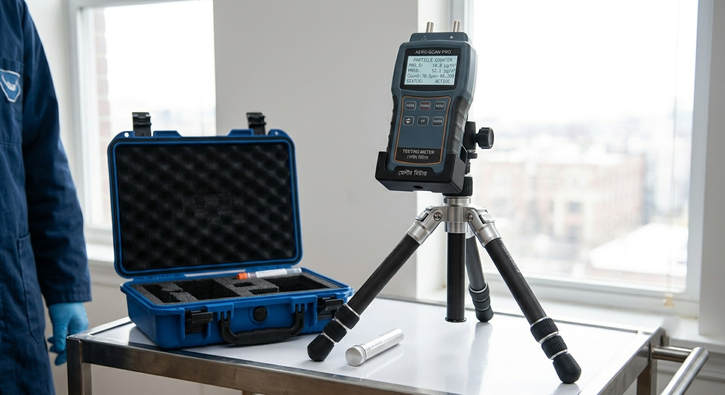 A particle counter device mounted on a tripod, with an open blue carrying case containing foam inserts for accessories, set on a white table in front of a window.