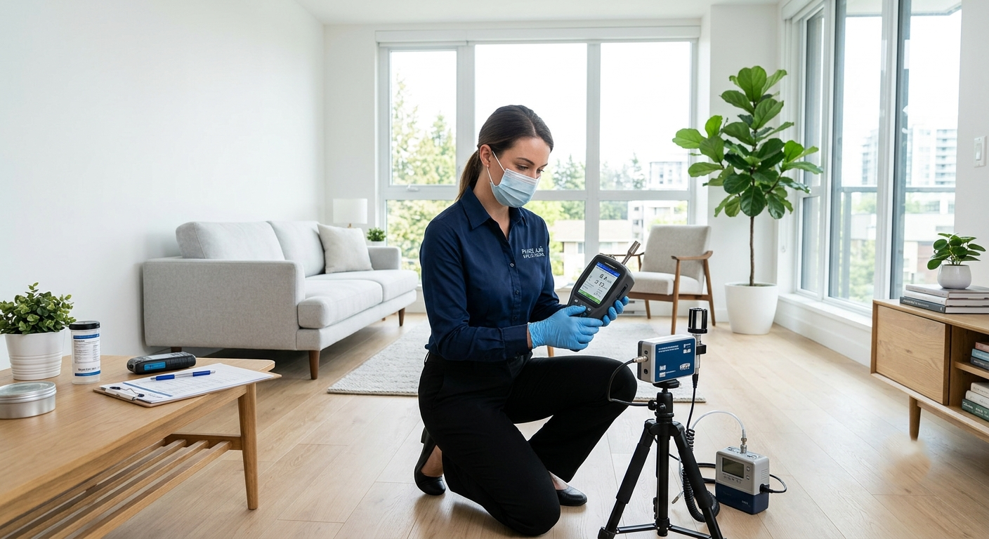 A healthcare worker, wearing a face mask and gloves, using a medical device in a bright living room with large windows and modern furniture.