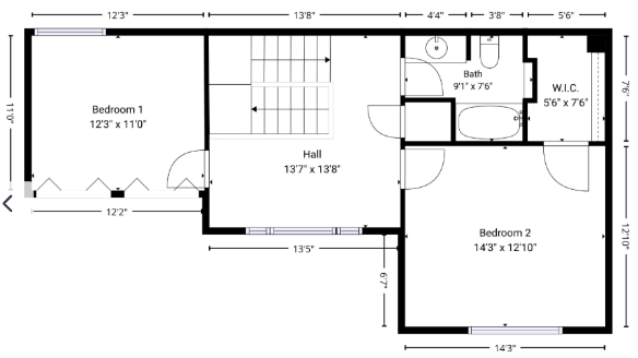 Floor plan of a house showing two bedrooms, a bathroom, a walk-in closet, and a hall with detailed dimensions.