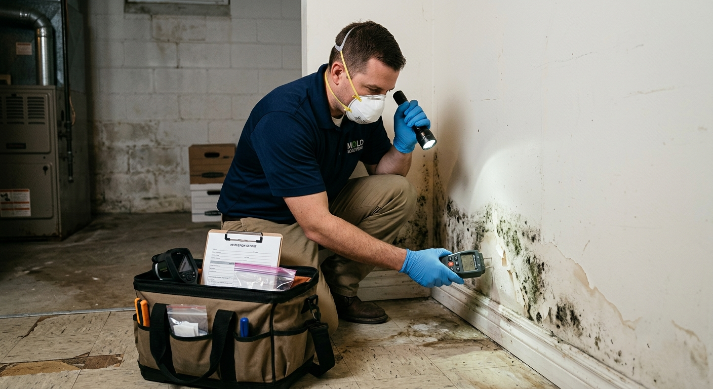 A mold inspector wearing a mask and gloves using a flashlight and moisture meter to inspect a moldy wall in a basement.